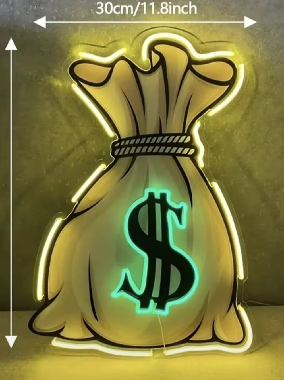 Money Bag Dollar Sign Neon Wall Light Lamp, Yellow Green Black
